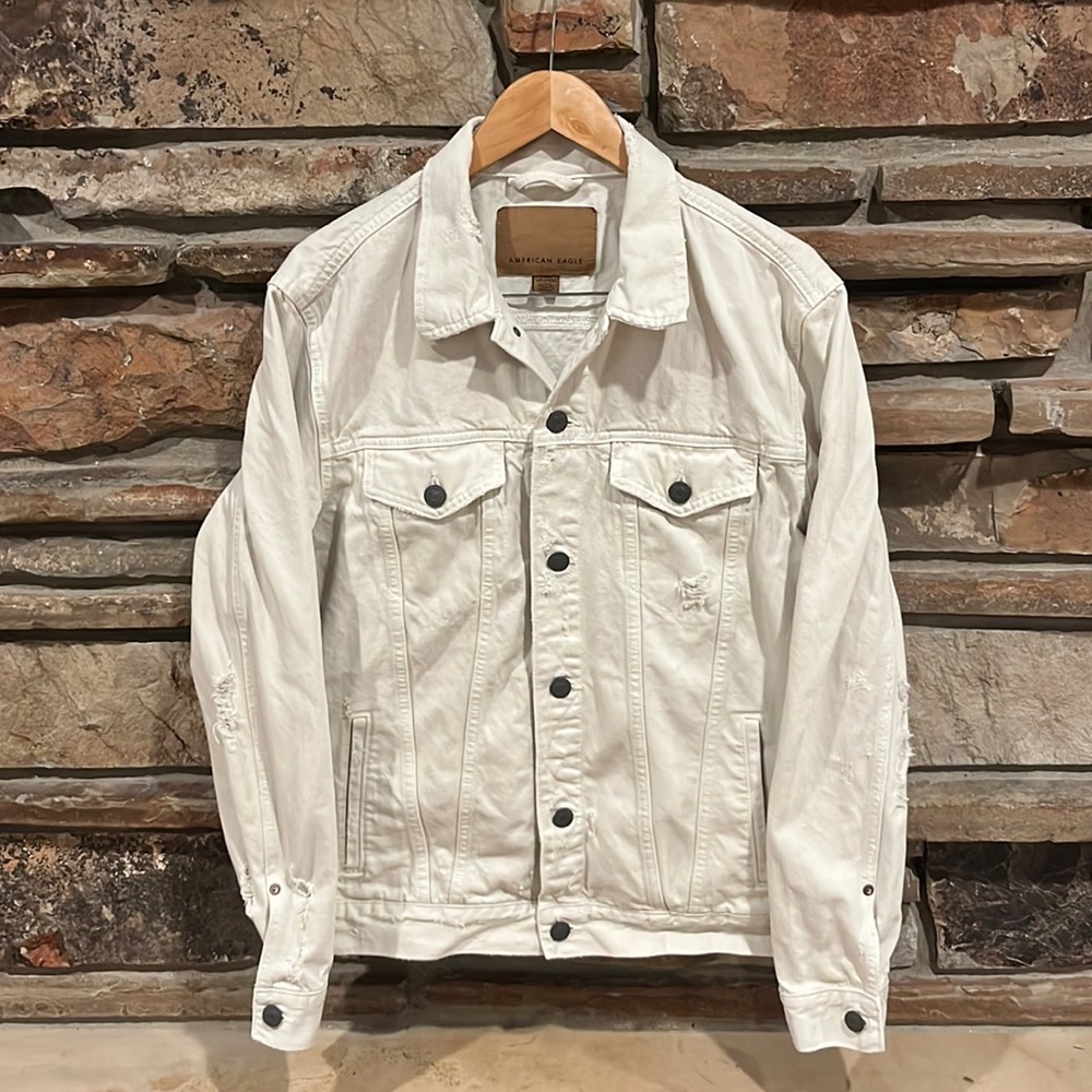 American Eagle Denim Pale Grey Distressed Trucker Jacket